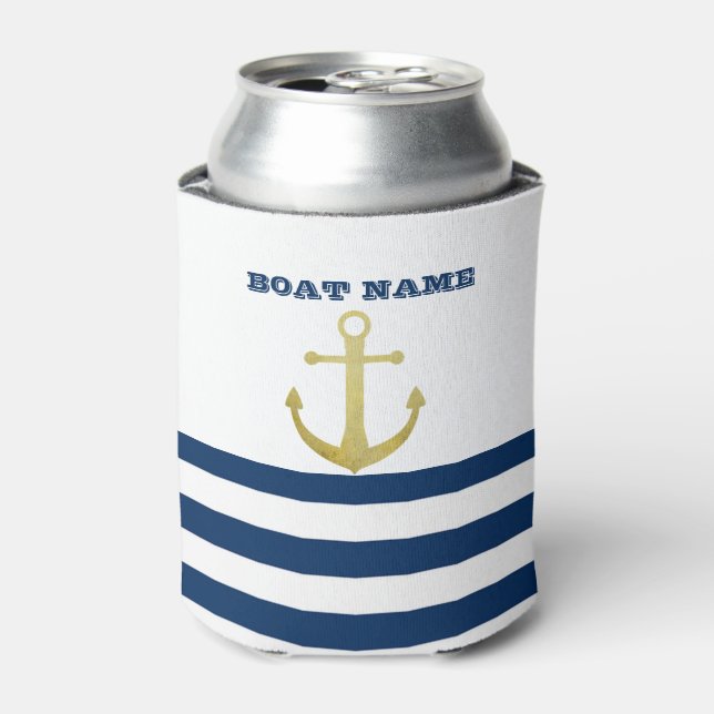 Nautical Boat Name,Gold Anchor Navy Blue Stripes Can Cooler (Can Front)