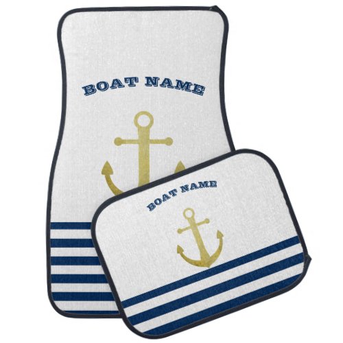 Nautical Boat NameGold Anchor Navy Blue Stripes Car Floor Mat