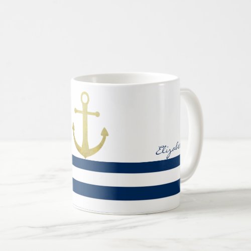 Nautical Boat NameGold Anchor Navy Blue Stripes Coffee Mug