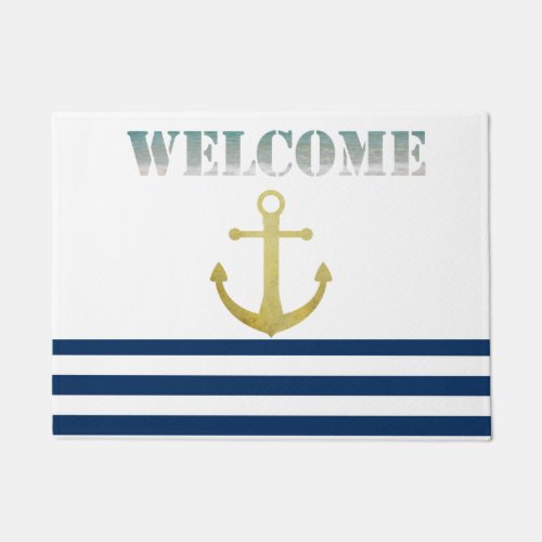 Nautical Boat NameGold Anchor Navy Blue Stripes Doormat