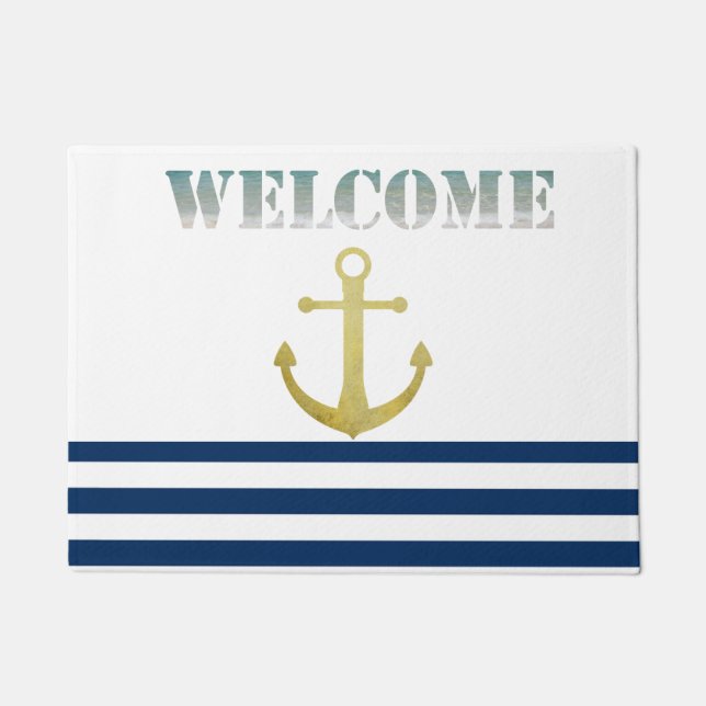 Nautical Boat Name,Gold Anchor Navy Blue Stripes Doormat (Front)