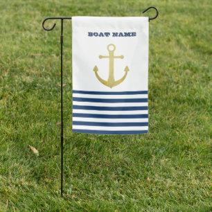Nautical Boat Name,Gold Anchor Navy Blue Stripes Garden Flag