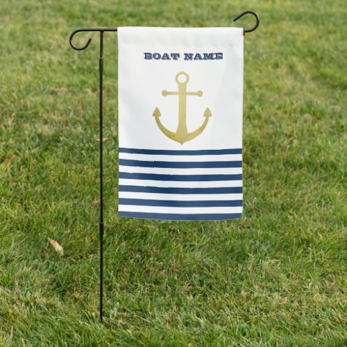 Nautical Boat NameGold Anchor Navy Blue Stripes Garden Flag
