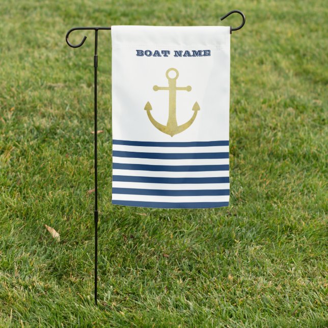 Nautical Boat Name,Gold Anchor Navy Blue Stripes Garden Flag (In SItu)