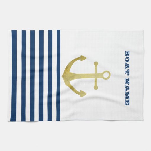 Nautical Boat Name Gold Anchor Navy Blue Stripes Kitchen Towel Zazzle