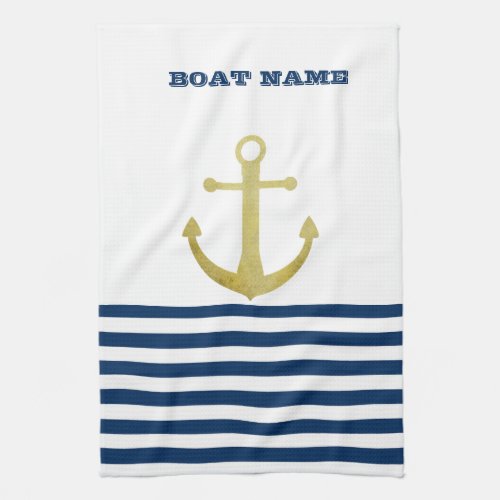 Nautical Boat NameGold Anchor Navy Blue Stripes Kitchen Towel