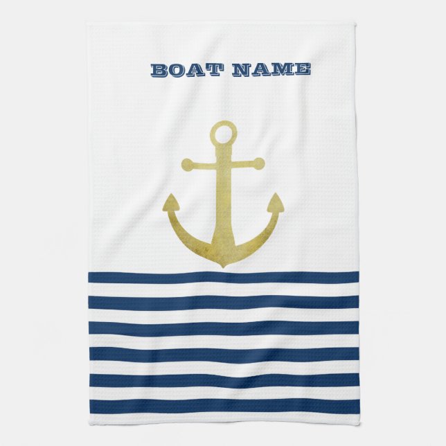 Nautical Boat Name,Gold Anchor Navy Blue Stripes Kitchen Towel (Vertical)