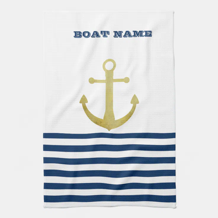 Nautical Boat Name Gold Anchor Navy Blue Stripes Kitchen Towel Zazzle