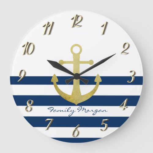 Nautical Boat NameGold Anchor Navy Blue Stripes Large Clock
