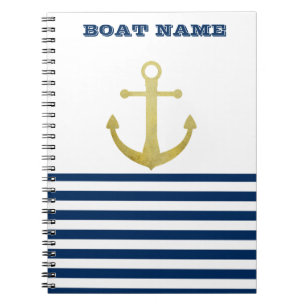 Nautical Boat Name,Gold Anchor Navy Blue Stripes Notebook