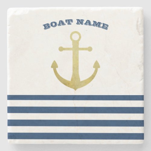 Nautical Boat NameGold Anchor Navy Blue Stripes Stone Coaster