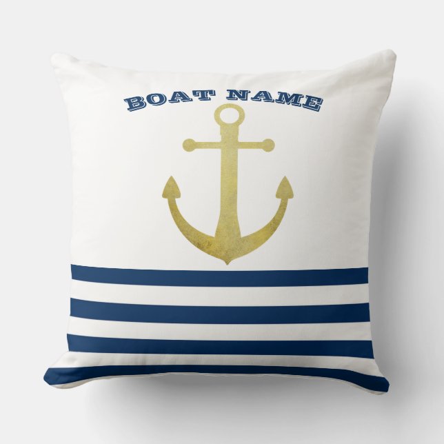 Nautical Boat Name,Gold Anchor Navy Blue  Stripes Throw Pillow (Front)