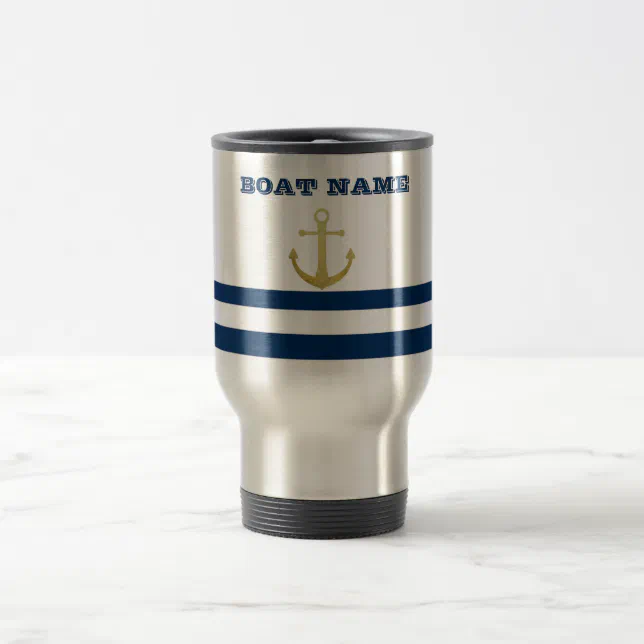 Nautical Boat Name Gold Anchor Navy Blue Stripes Travel Mug Zazzle