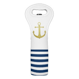 Nautical Boat Name,Gold Anchor Navy Blue Stripes Wine Bag