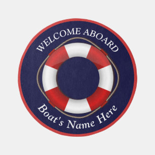 Nautical Boat Name Life Saver Navy Blue Red White  Outdoor Rug