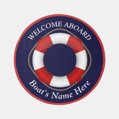 Nautical Boat Name Life Saver Navy Blue Red White  Outdoor Rug