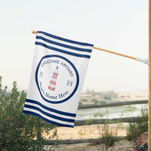 Nautical Boat Name Lighthouse Red Navy Blue House Flag