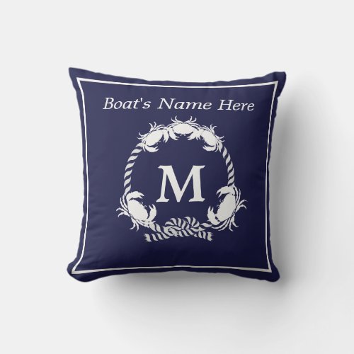 Nautical boat Name monogram Navy Blue White Outdoor Pillow