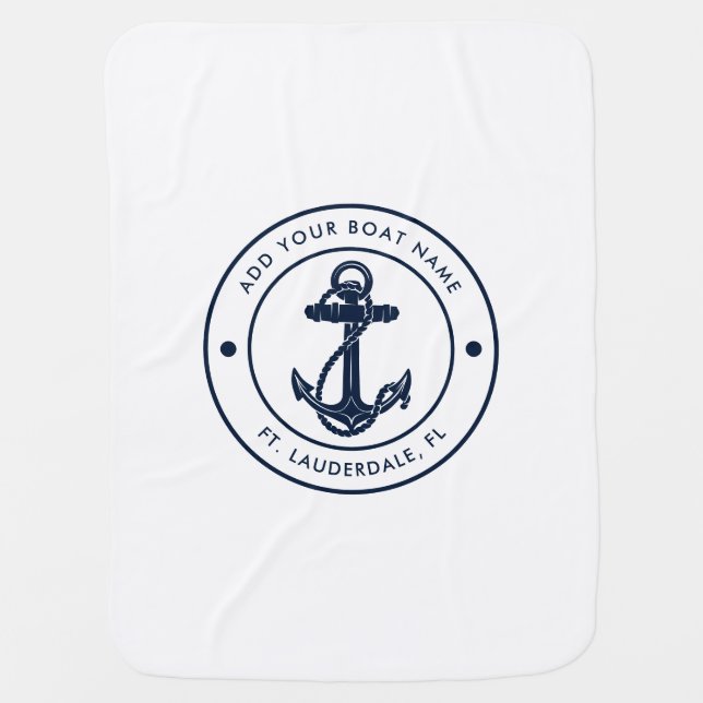 Nautical Boat Name Navy Blue Anchor Boating Swag Baby Blanket (Front)