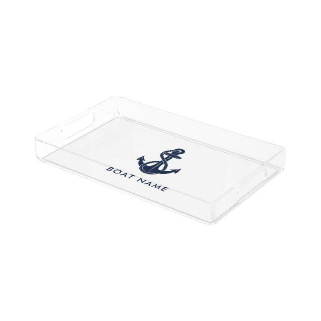 Nautical Boat Name Navy Blue Anchor Captain Acrylic Tray (Angled)