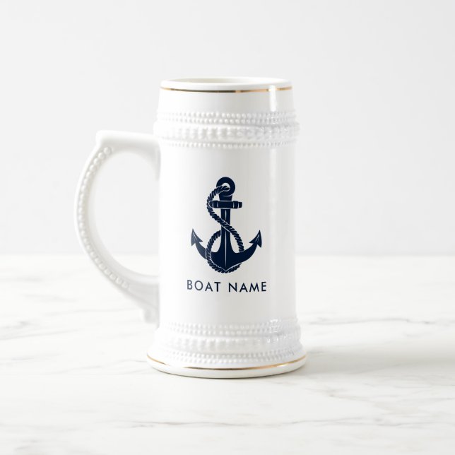 Nautical Boat Name Navy Blue Anchor Custom Beer Stein (Left)