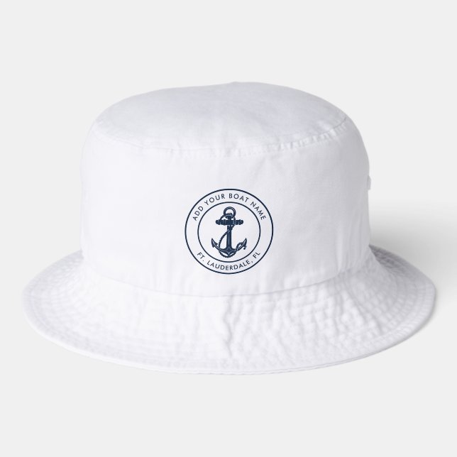 Nautical Boat Name Navy Blue Anchor Custom Bucket Hat (Front)