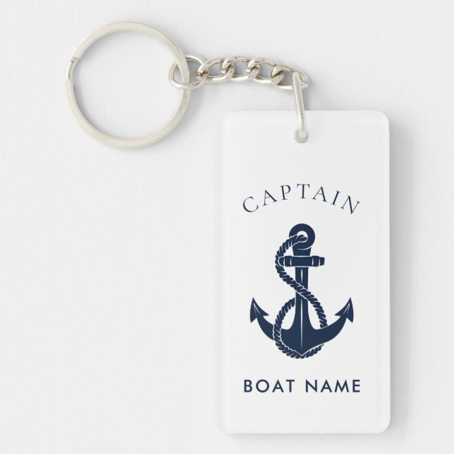 Nautical Boat Name Navy Blue Anchor Custom Keychain (Front)