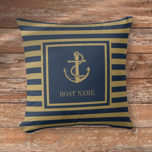 Nautical Boat Name Navy Blue And Gold Striped Throw Pillow
