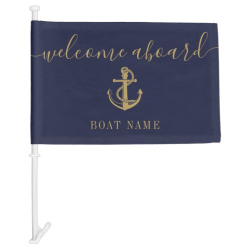Nautical Boat Name Navy Blue Gold Welcome Aboard Car Flag