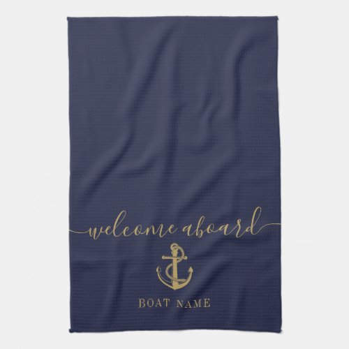 Nautical Boat Name Navy Blue Gold Welcome Aboard Kitchen Towel