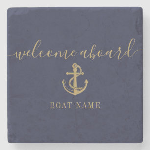 Nautical Boat Name Navy Blue Gold Welcome Aboard Stone Coaster
