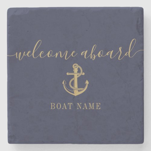 Nautical Boat Name Navy Blue Gold Welcome Aboard Stone Coaster