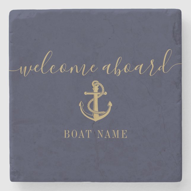 Nautical Boat Name Navy Blue Gold Welcome Aboard Stone Coaster (Front)