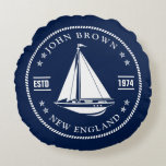 Nautical Boat Name Navy Blue Round Pillow<br><div class="desc">Personalizable blue and white nautical pillow with sailboat badge. Fresh and clear looking decor for nautical homes. For all sailors and for everyone who loves the ocean,  sailing and nautical interior design.</div>