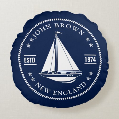 Nautical Boat Name Navy Blue Round Pillow