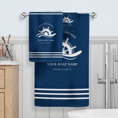 Nautical Boat Name Navy Blue Ship Wheel  Bath Towel Set
