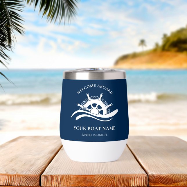 Nautical Boat Name Navy Blue Ship Wheel Welcome Thermal Wine Tumbler (Beach (Rotated))
