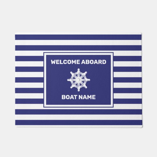 Nautical Boat Name Navy Blue Striped Design Doorma Doormat