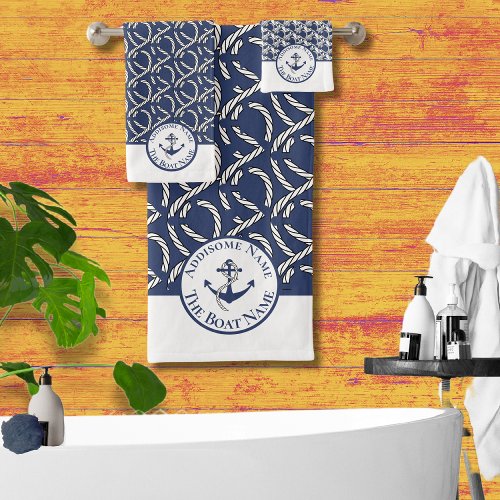 Nautical Boat Name Navy Blue  White Anchor n Rope Bath Towel Set