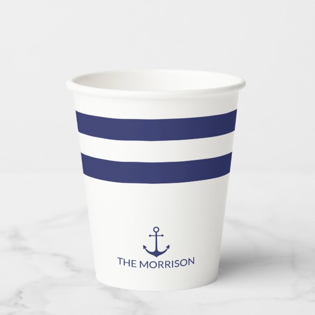 Nautical Boat Name navy blue white anchor stripes Paper Cups (Front)