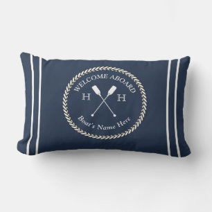 Nautical Boat Name Paddles Rope Navy Blue Welcome Lumbar Pillow