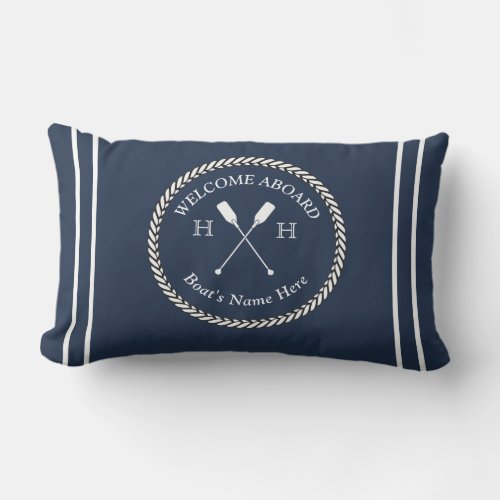 Nautical Boat Name Paddles Rope Navy Blue Welcome  Lumbar Pillow