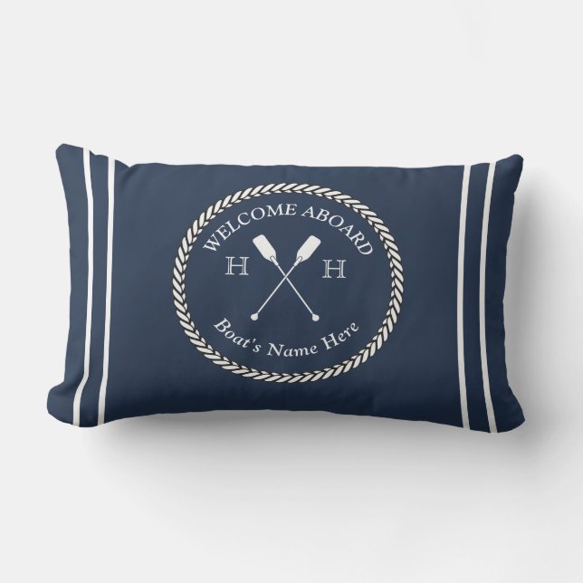 Nautical Boat Name Paddles Rope Navy Blue Welcome  Lumbar Pillow (Front)