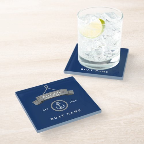 Nautical boat name personalized anchor navy blue   glass coaster