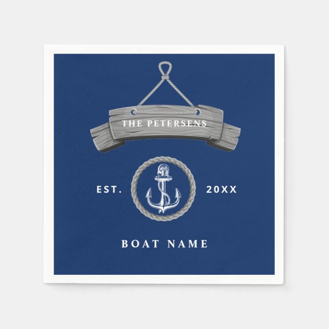 Nautical boat name personalized family navy blue napkins (Front)