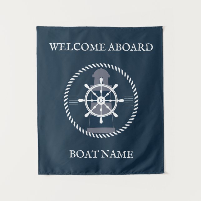 Nautical Boat Name Personalized Navy Blue Tapestry (Front)