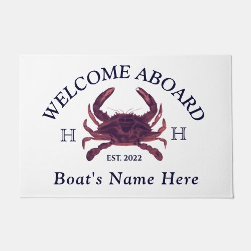Nautical Boat Name Red Crab Welcome Navy Blue Door Doormat