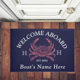 Nautical Boat Name Red Crab Welcome Navy Blue Doormat