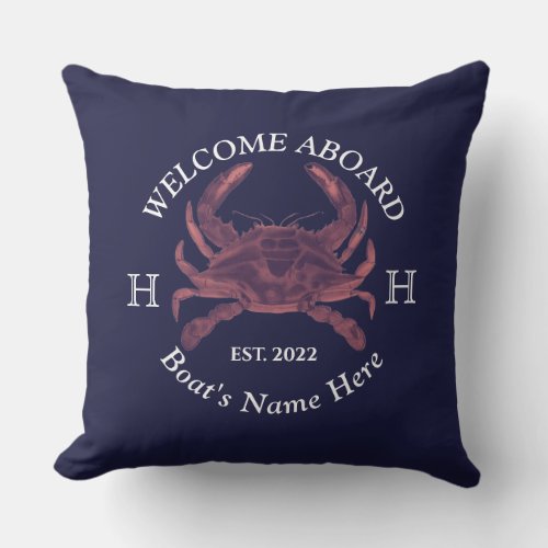 Nautical Boat Name Red Crab Welcome Navy Blue  Outdoor Pillow