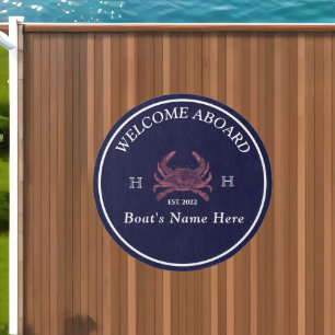 Nautical Boat Name Red Crab Welcome Navy Blue Outdoor Rug